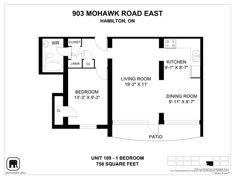Floor plan for 1 bed, 1 bath, 700 sqft